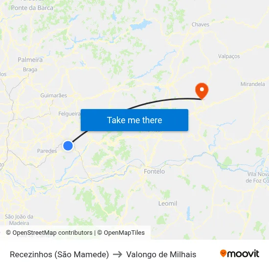 Recezinhos (São Mamede) to Valongo de Milhais map