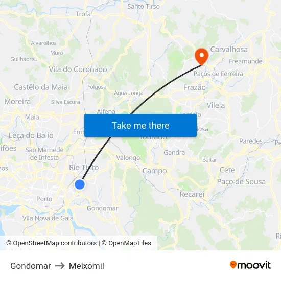 Gondomar to Meixomil map