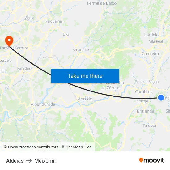 Aldeias to Meixomil map
