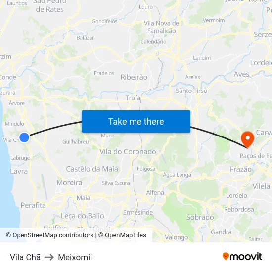 Vila Chã to Meixomil map