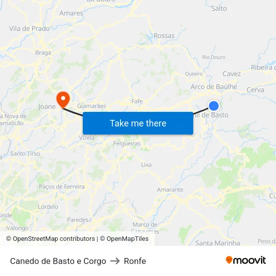 Canedo de Basto e Corgo to Ronfe map