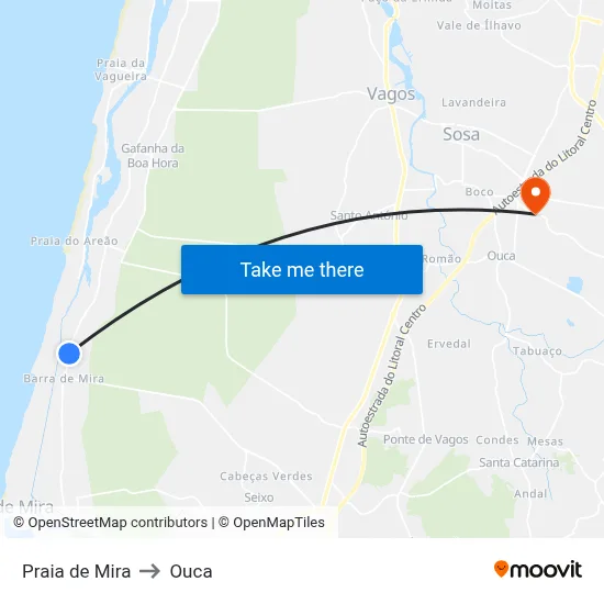 Praia de Mira to Ouca map