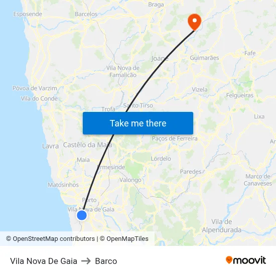 Vila Nova De Gaia to Barco map