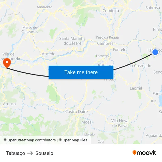 Tabuaço to Souselo map