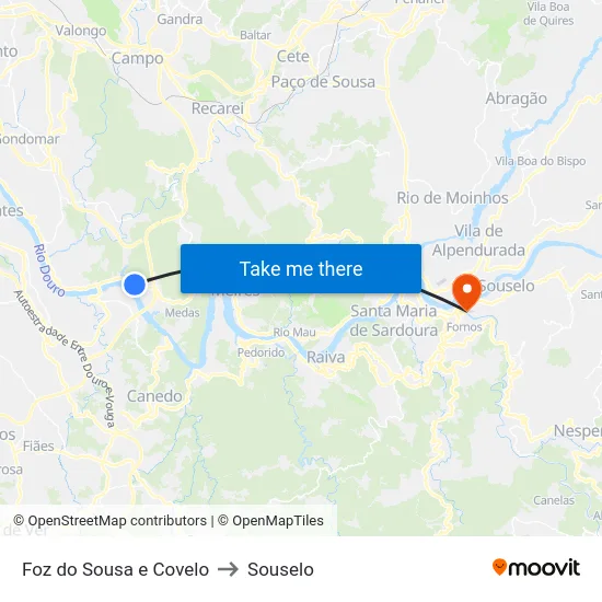 Foz do Sousa e Covelo to Souselo map