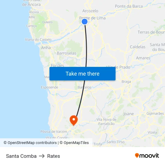 Santa Comba to Rates map