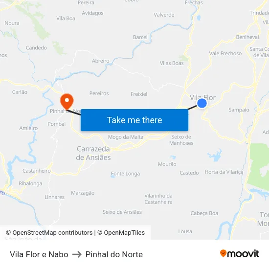 Vila Flor e Nabo to Pinhal do Norte map