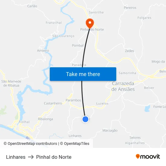 Linhares to Pinhal do Norte map
