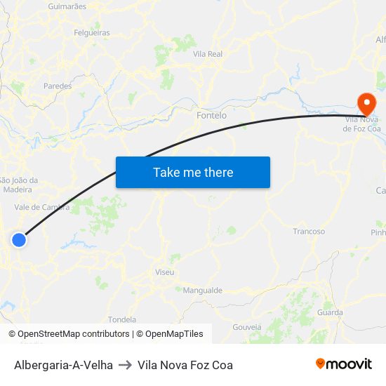 Albergaria-A-Velha to Vila Nova Foz Coa map