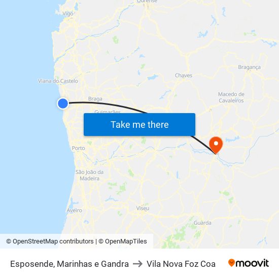 Esposende, Marinhas e Gandra to Vila Nova Foz Coa map