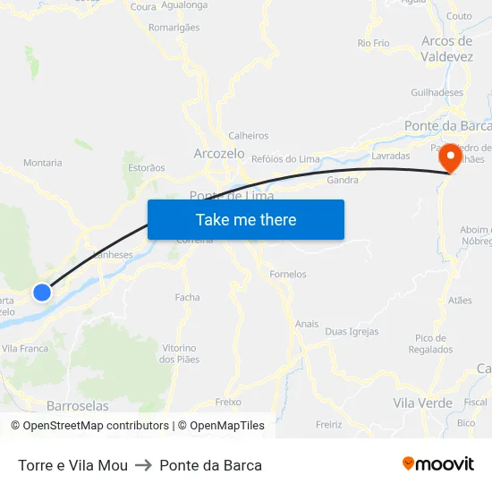 Torre e Vila Mou to Ponte da Barca map
