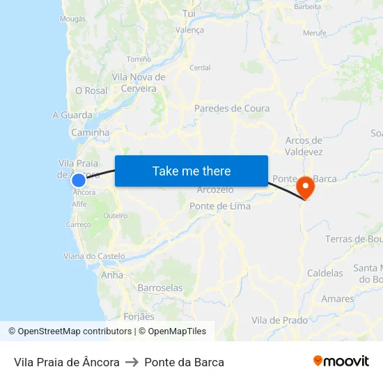 Vila Praia de Âncora to Ponte da Barca map