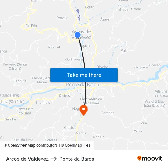 Arcos de Valdevez to Ponte da Barca map