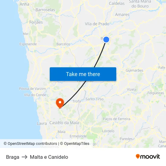 Braga to Malta e Canidelo map