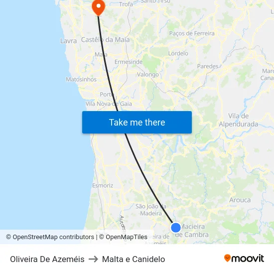 Oliveira De Azeméis to Malta e Canidelo map