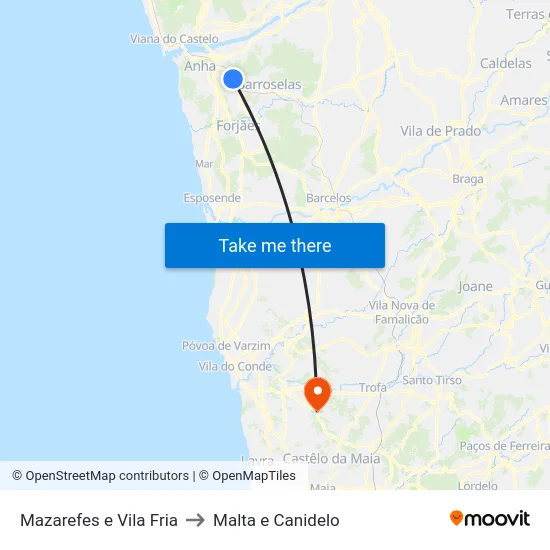 Mazarefes e Vila Fria to Malta e Canidelo map
