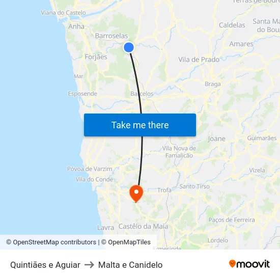 Quintiães e Aguiar to Malta e Canidelo map