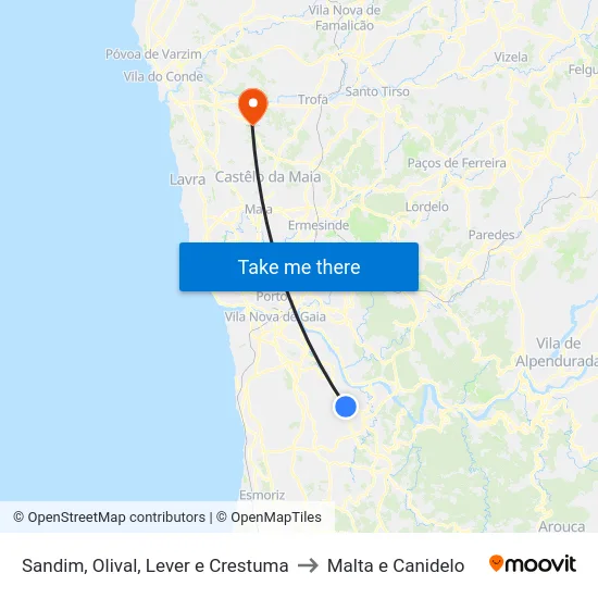 Sandim, Olival, Lever e Crestuma to Malta e Canidelo map