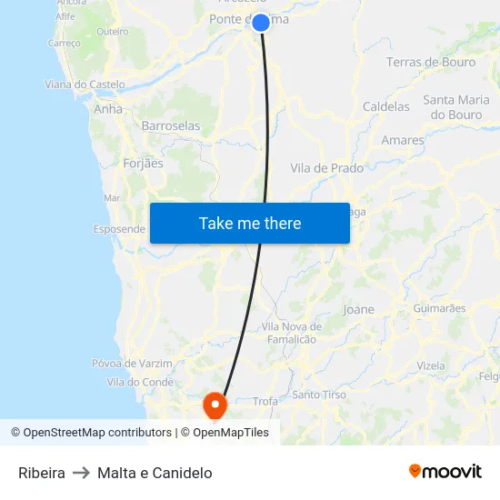 Ribeira to Malta e Canidelo map