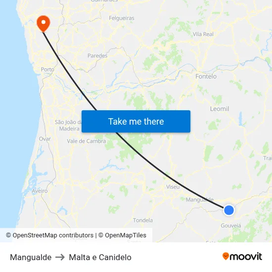 Mangualde to Malta e Canidelo map