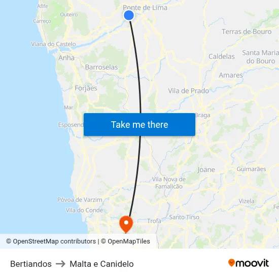 Bertiandos to Malta e Canidelo map