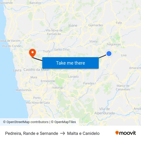Pedreira, Rande e Sernande to Malta e Canidelo map