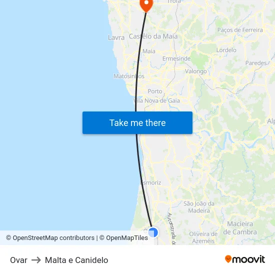 Ovar to Malta e Canidelo map