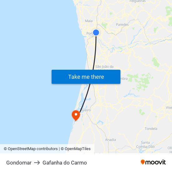 Gondomar to Gafanha do Carmo map