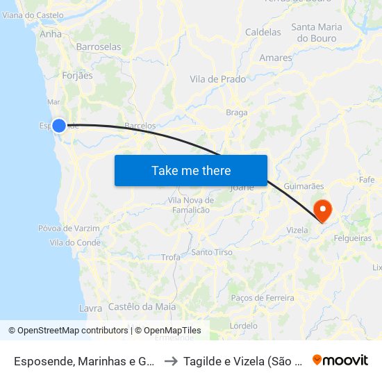 Esposende, Marinhas e Gandra to Tagilde e Vizela (São Paio) map