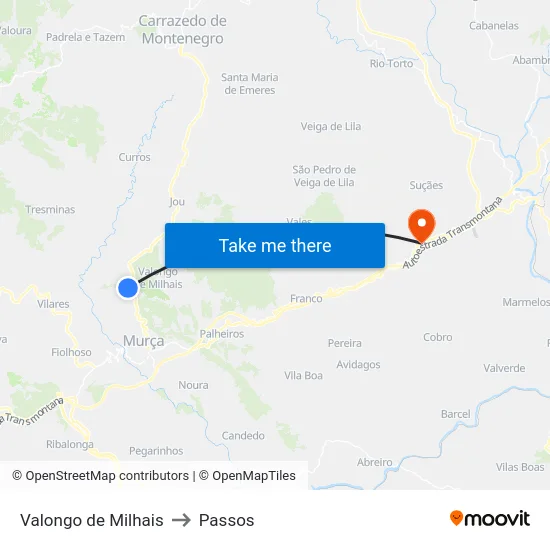 Valongo de Milhais to Passos map