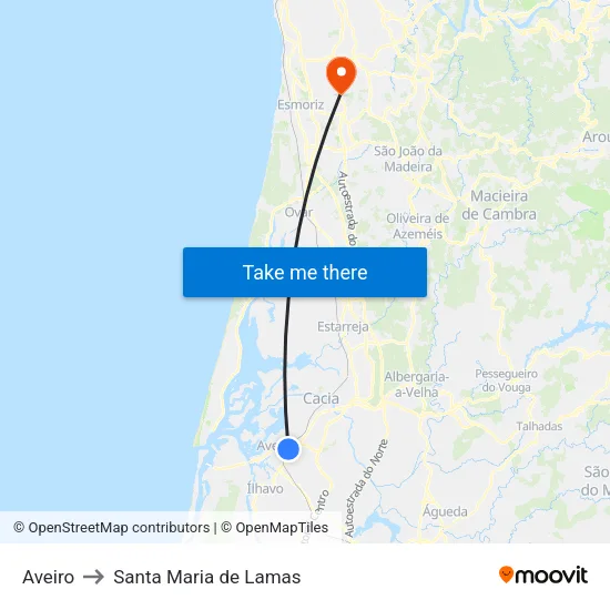Aveiro to Santa Maria de Lamas map