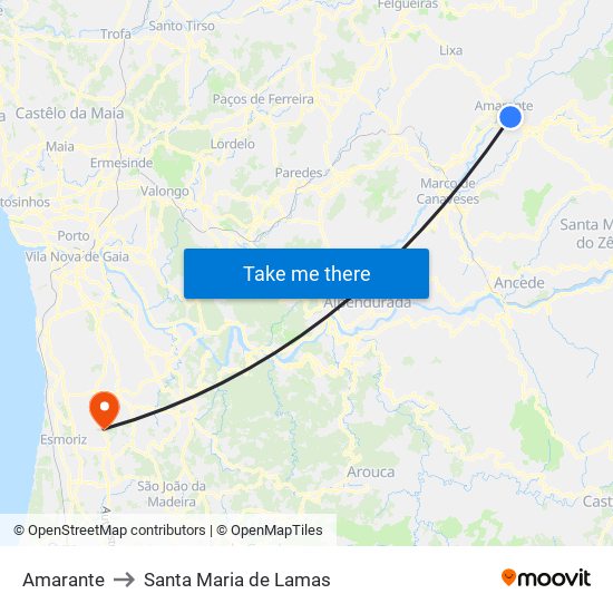 Amarante to Santa Maria de Lamas map