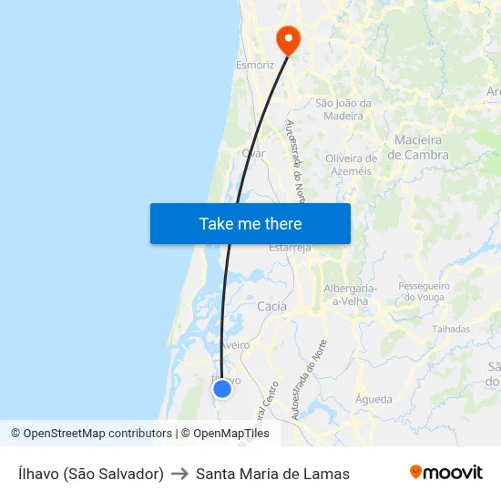 Ílhavo (São Salvador) to Santa Maria de Lamas map