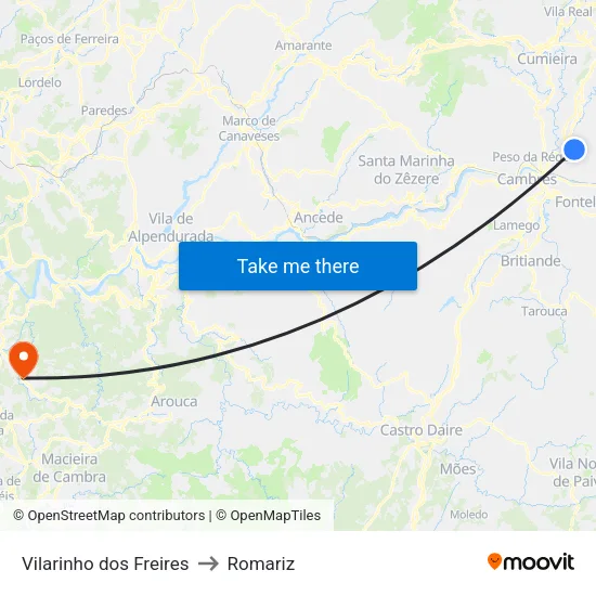 Vilarinho dos Freires to Romariz map