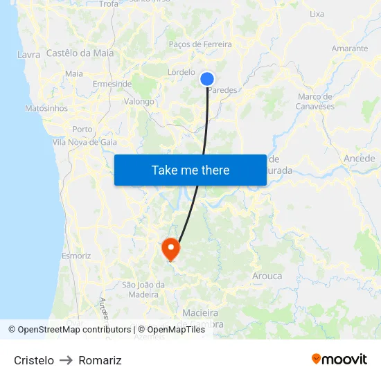 Cristelo to Romariz map
