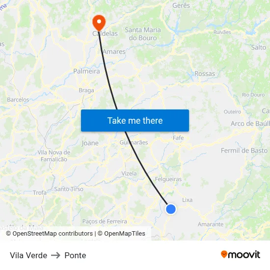 Vila Verde to Ponte map