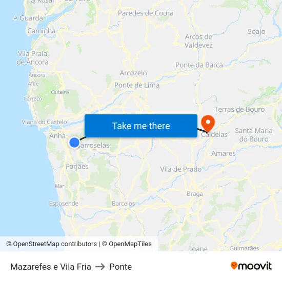 Mazarefes e Vila Fria to Ponte map