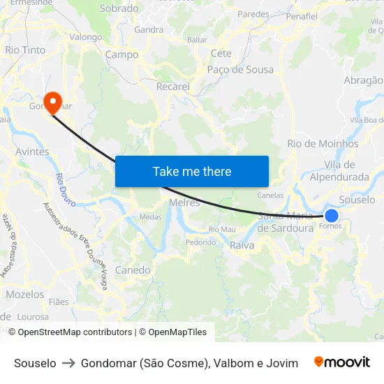 Souselo to Gondomar (São Cosme), Valbom e Jovim map