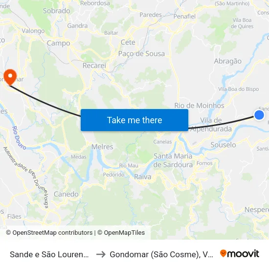 Sande e São Lourenço do Douro to Gondomar (São Cosme), Valbom e Jovim map
