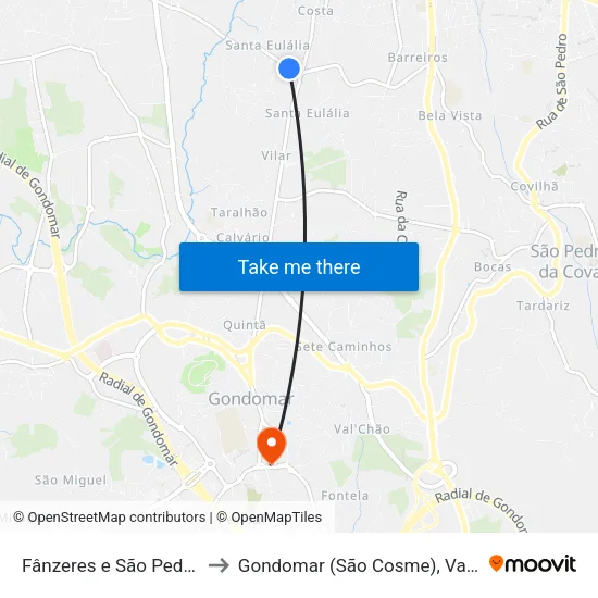 Fânzeres e São Pedro da Cova to Gondomar (São Cosme), Valbom e Jovim map