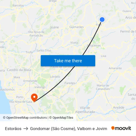 Estorãos to Gondomar (São Cosme), Valbom e Jovim map