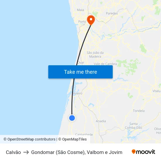 Calvão to Gondomar (São Cosme), Valbom e Jovim map
