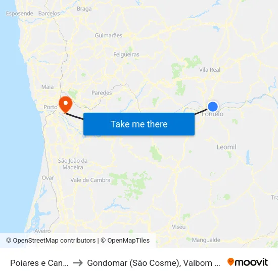 Poiares e Canelas to Gondomar (São Cosme), Valbom e Jovim map