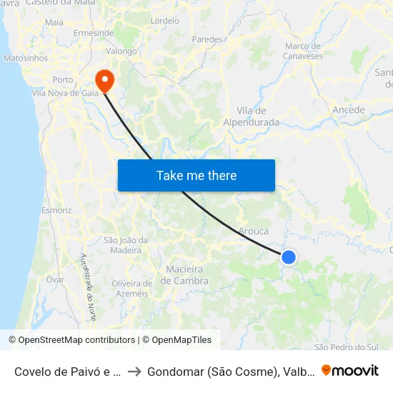 Covelo de Paivó e Janarde to Gondomar (São Cosme), Valbom e Jovim map
