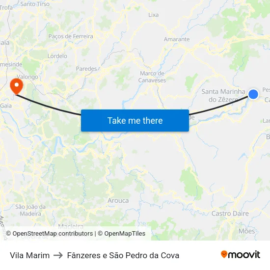 Vila Marim to Fânzeres e São Pedro da Cova map