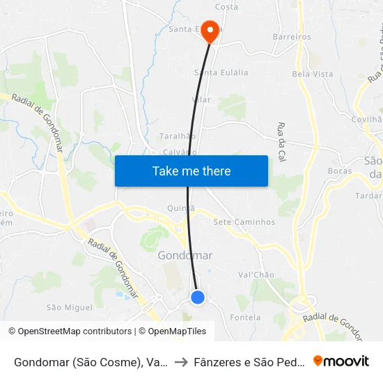 Gondomar (São Cosme), Valbom e Jovim to Fânzeres e São Pedro da Cova map