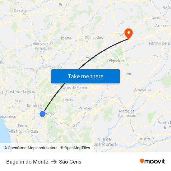 Baguim do Monte to São Gens map