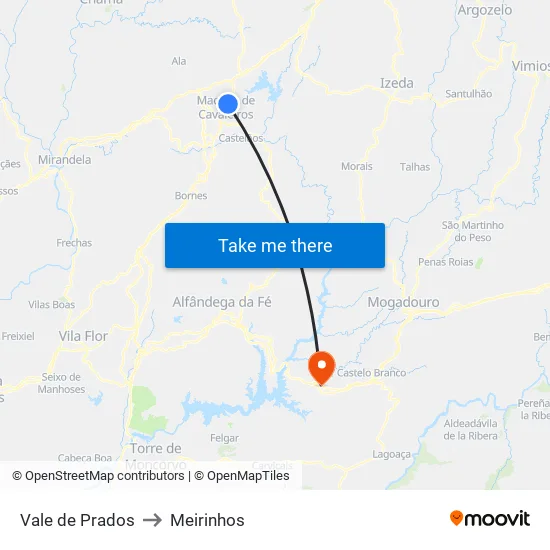 Vale de Prados to Meirinhos map