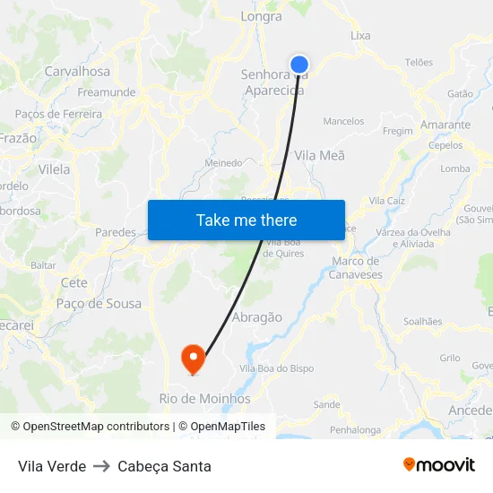 Vila Verde to Cabeça Santa map