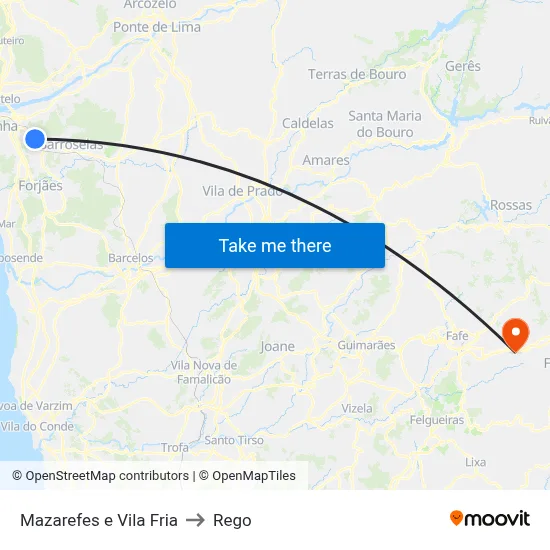 Mazarefes e Vila Fria to Rego map